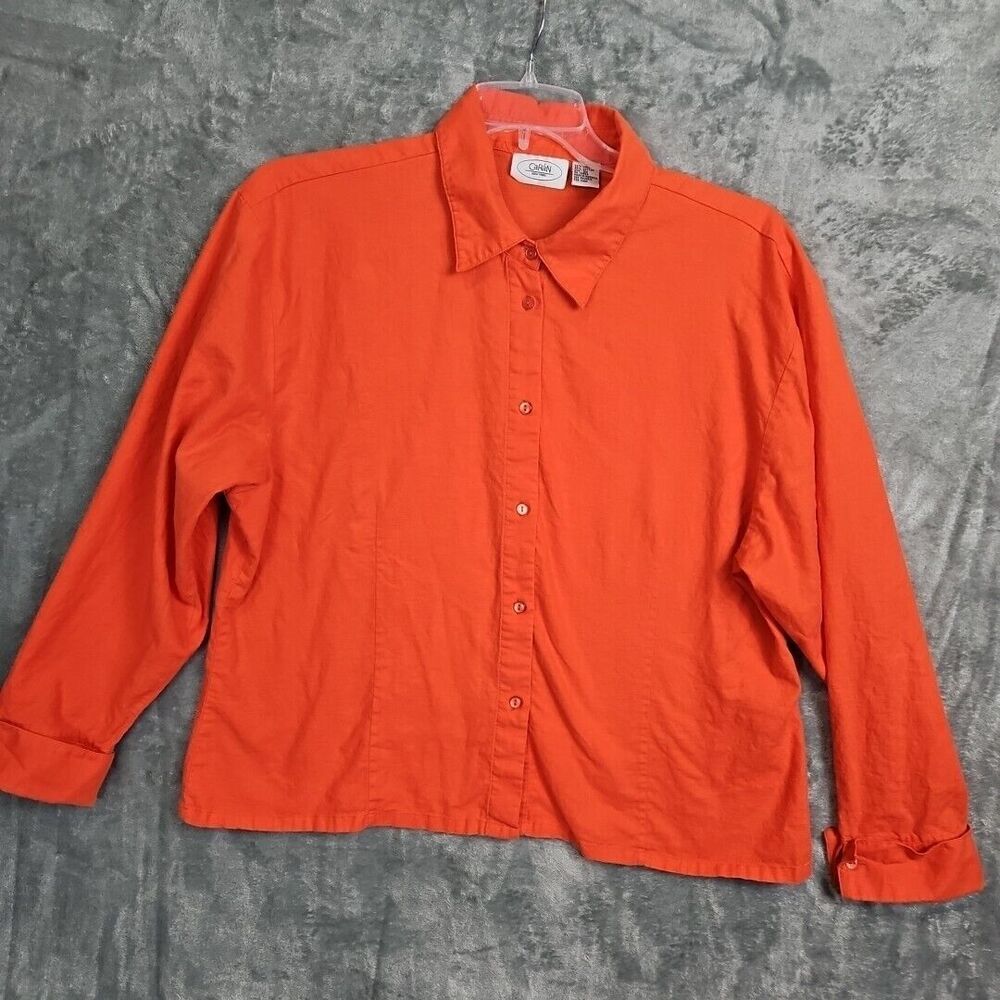 Caran New York Women's Sz 3X Blouse coral orange Linen cotton long sleeve